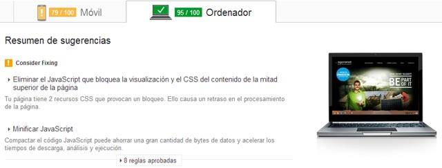 Imagen de la valoración de Google PageSpeed Insight posterior al proceso de Web Performance Optimization