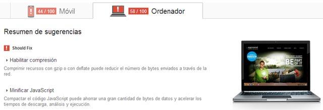Imagen de la valoración de Google PageSpeed Insight previo al proceso de Web Performance Optimization