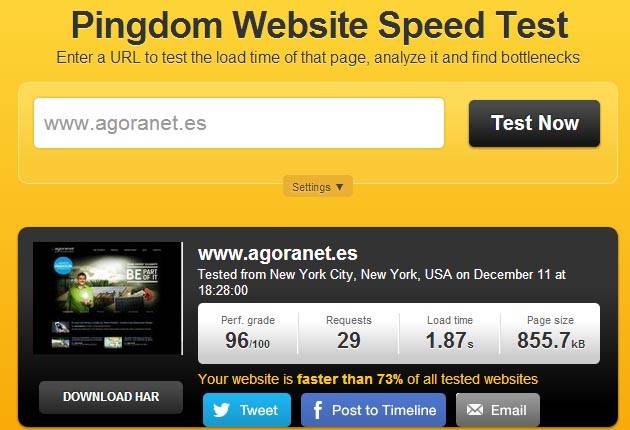 Imagen del resultado del Website Speed Test de Pingdom posterior al proceso de Web Performance Optimization