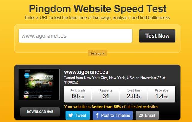 Imagen del resultado del Website Speed Test de Pingdom previo al proceso de Web Performance Optimization